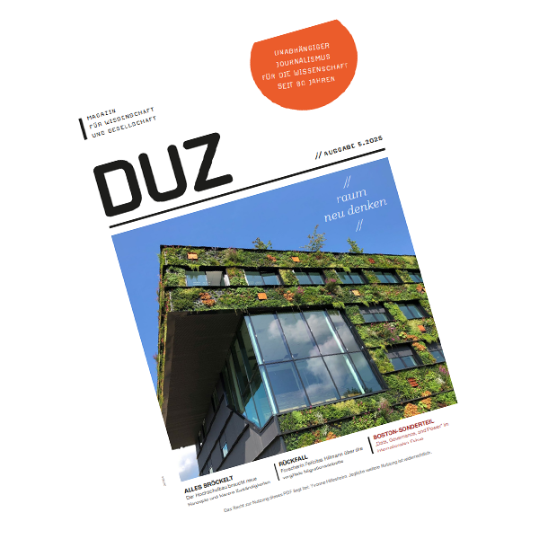 Cover der DUZ mit Interview von Joachim Heintze von der rheform, der über erfolgreiche Hochschulbauprojekte spricht.
