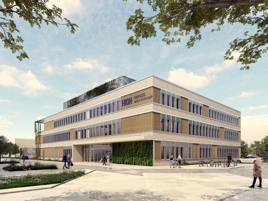Integrale Vergabe Helmholtz-Institut-für-One-Health - Rendering der Fassade des geplanten Neubaus für das Forschungsgebäude, das die rheform im Rahmen einer integralen Vergabe begleitet.