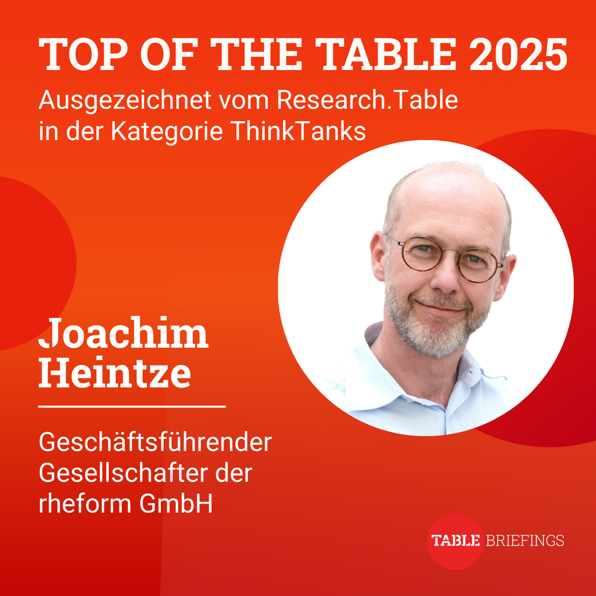table.media-Auszeichnung: Top of the Table 2025: Auszeichnung für Joachim Heintze, den geschäftsführenden Geselslchafter der rheform von table media