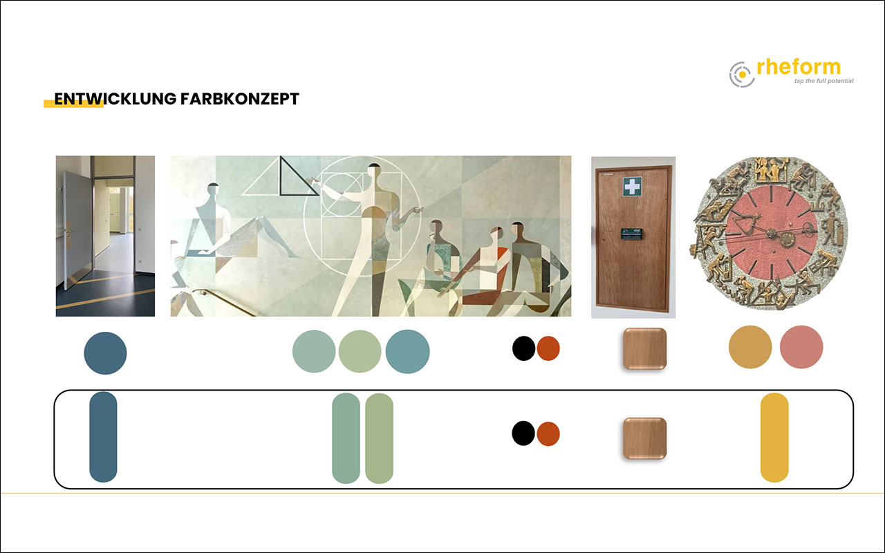 New-Learning-OTH-Regensburg: Zeigt, aus welchen Elementen und Kunstwerken im Gebäude die rheform-Gestalter:innen das Farbkonzept für den denkmalgeschützten Altbau abgeleitet haben.